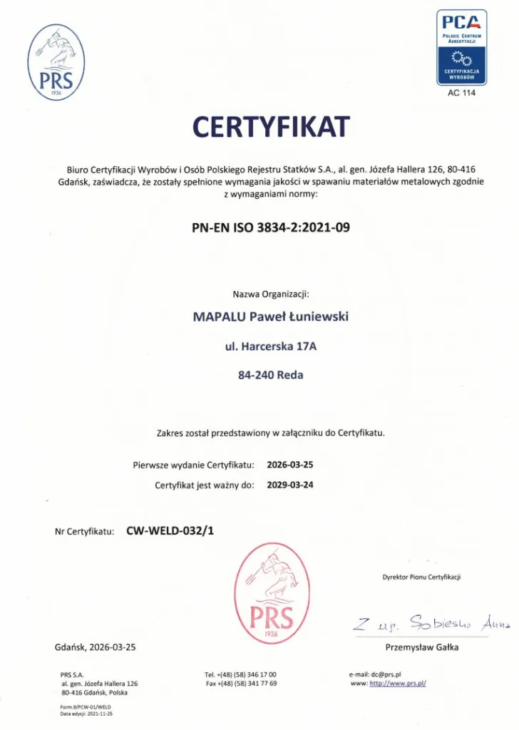 Certyfikat PN-EN ISO 3834-2:2021-09 przyznany MAPALU przez Polski Rejestr Statków S.A.