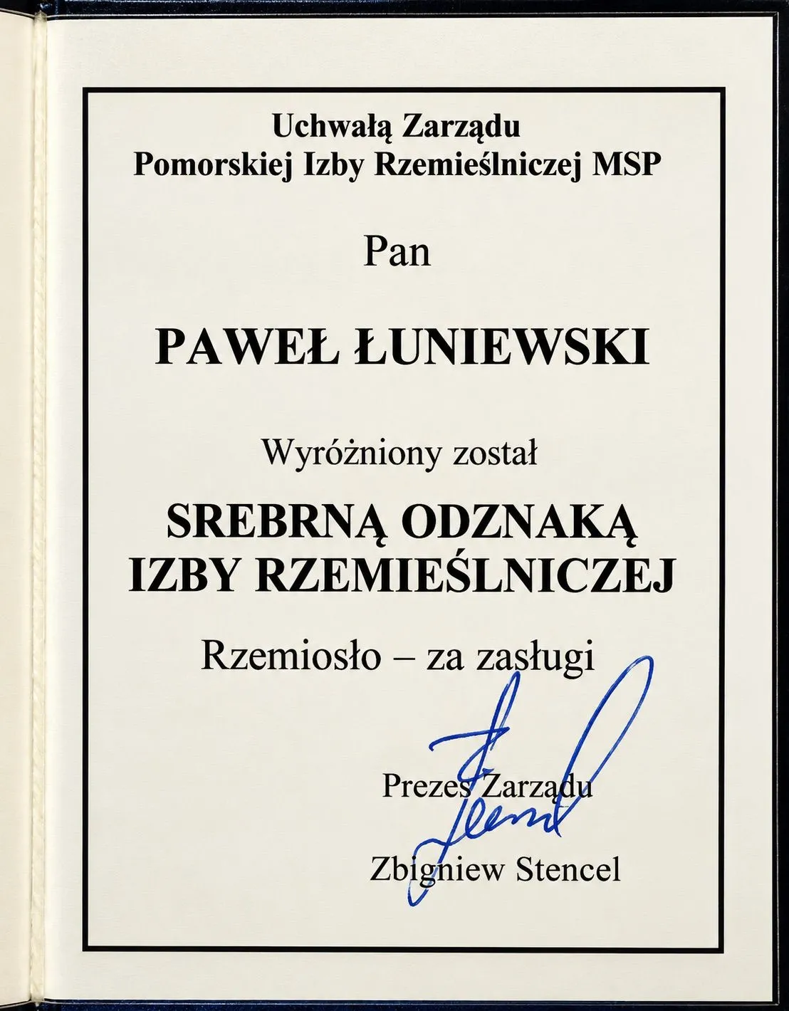 Dyplom Srebrnej Odznaki Izby Rzemieślniczej przyznanej Pawłowi Łuniewskiemu